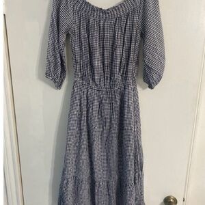 Blue White Gingjam Midi Gingham Dress Off Shoulder XXL